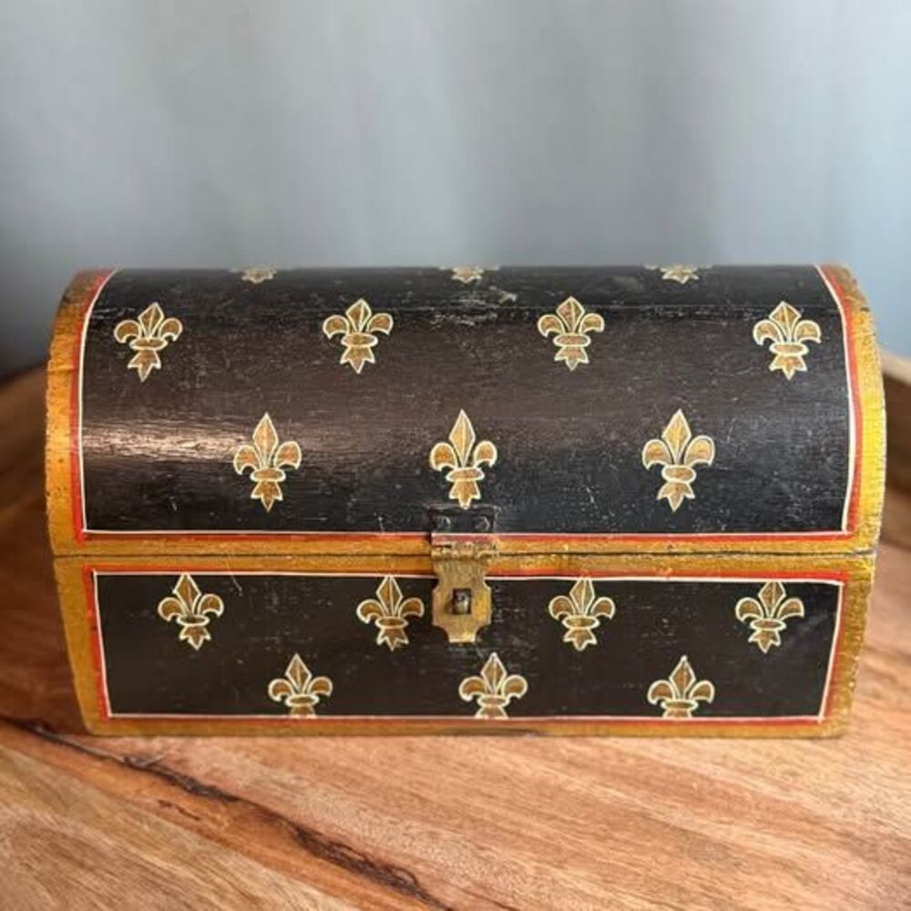 Vintage Hand Painted Wooden Dome Top Fleur De Lis Trinket